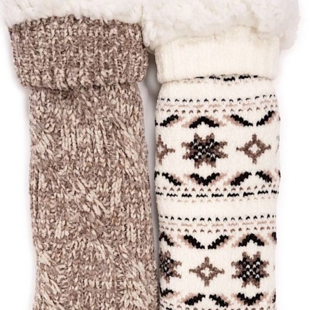 MUK LUKS Women's 2 Pack Lined Socks Faux Fur SIZE 5-7 Creme Tan NEW - Picture 4 of 9